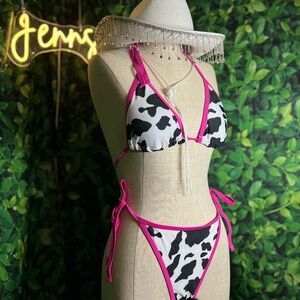 Neon Rodeo Cow Print Bikini Set – Black & White Two-Piece with Hot Pink Trim